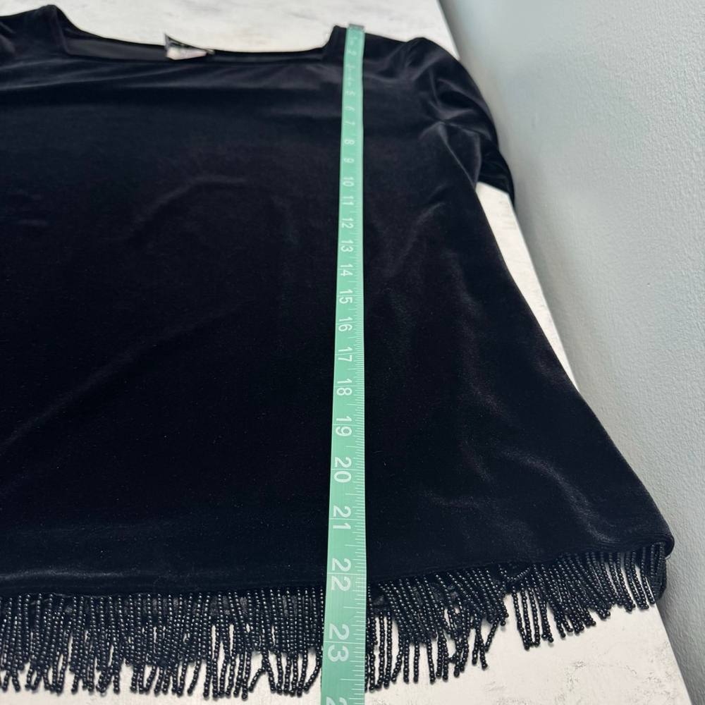 Vintage Clio Black Velvet Beaded Fringe Blouse Top M Square Neck - Picture 8 of 10